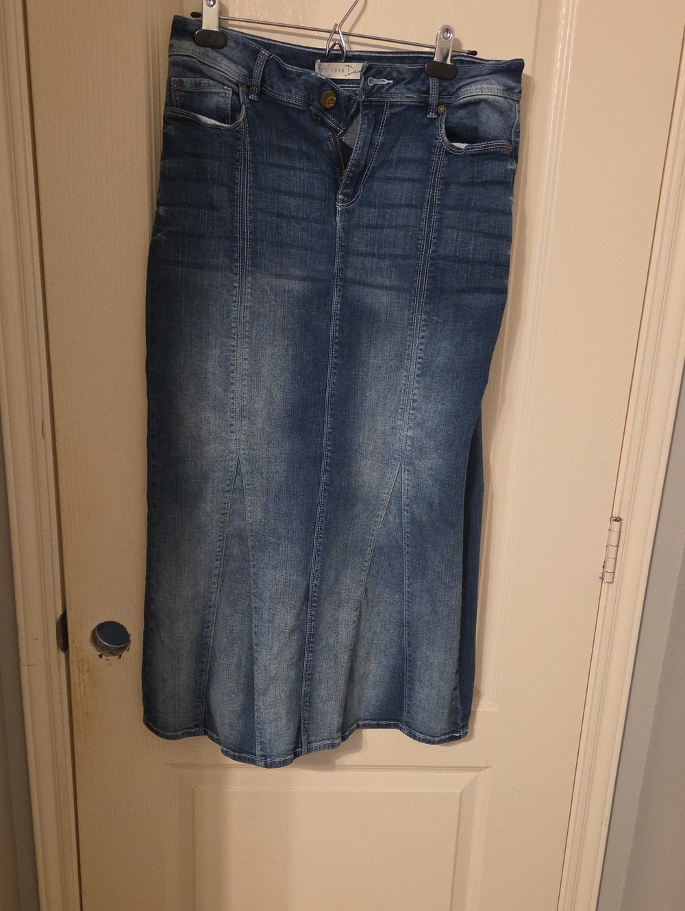 Women's Blue Denim Maxi Skirt - Fitted Panel Design